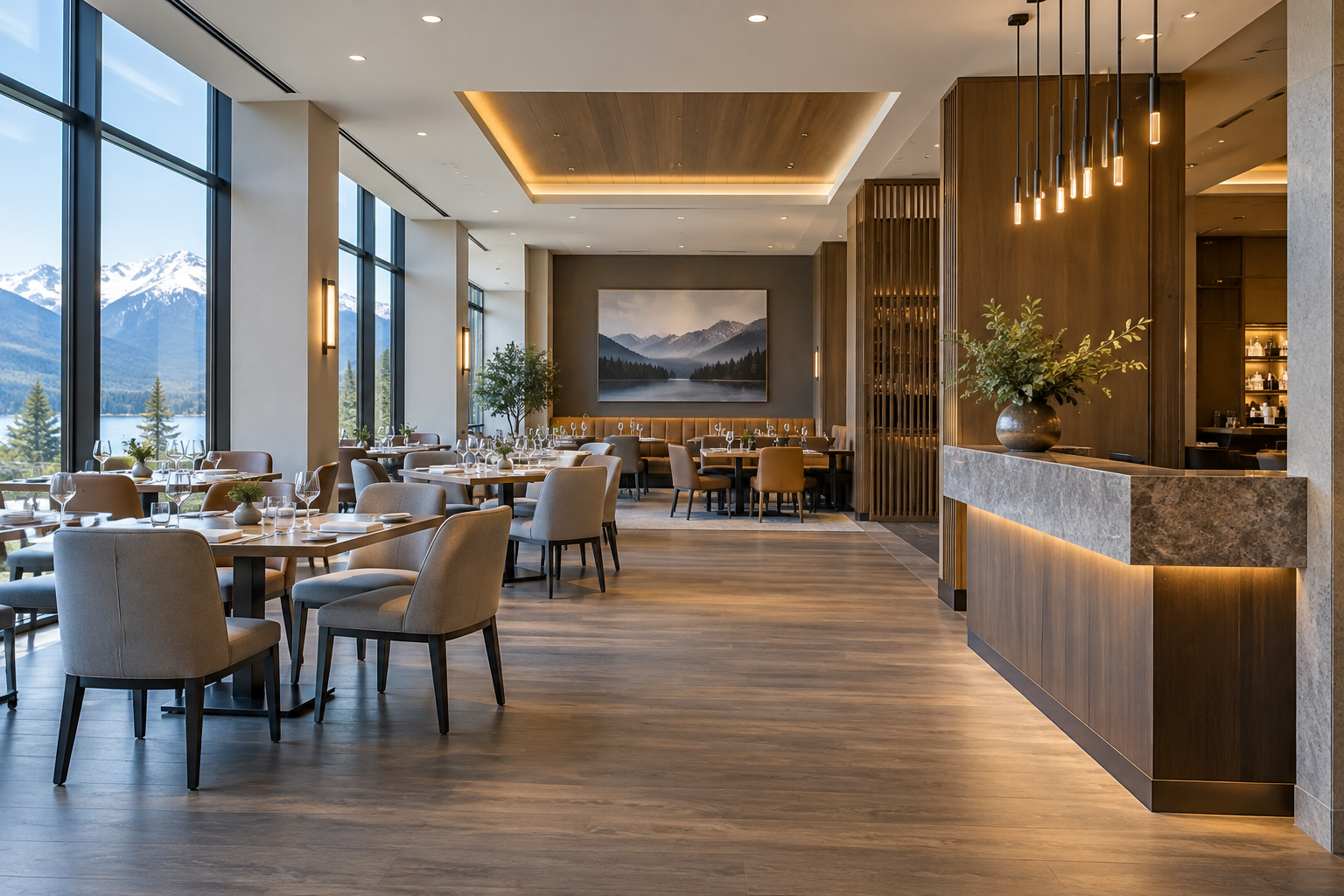 Illustrative hotel dining room with carefully finished walls