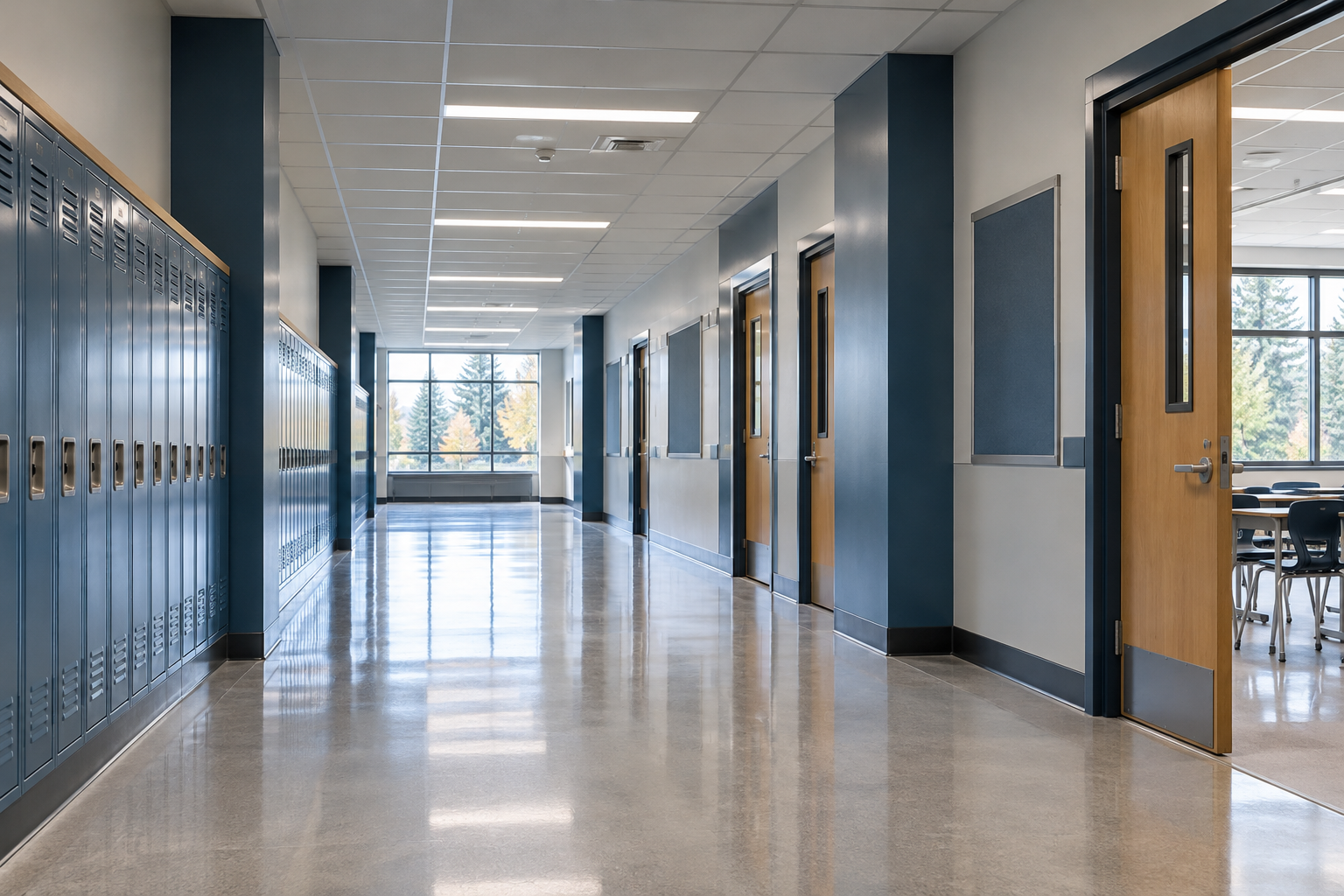 Illustrative bright school corridor with freshly painted walls