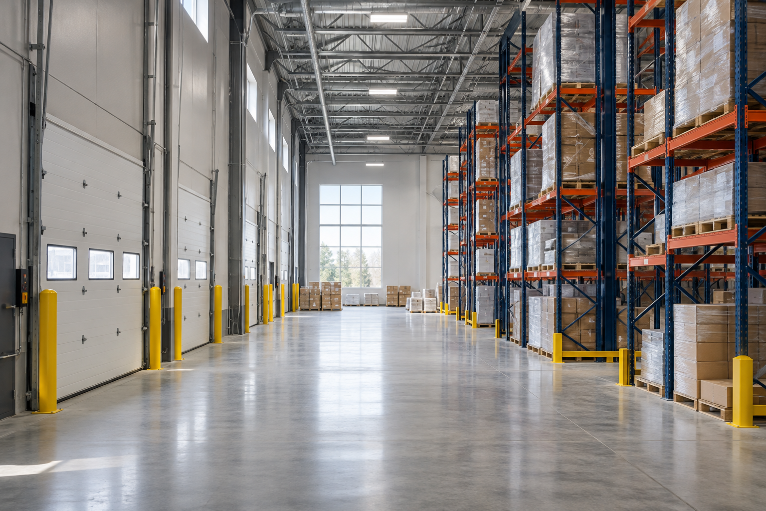 Illustrative warehouse with clean floors and tall storage racks