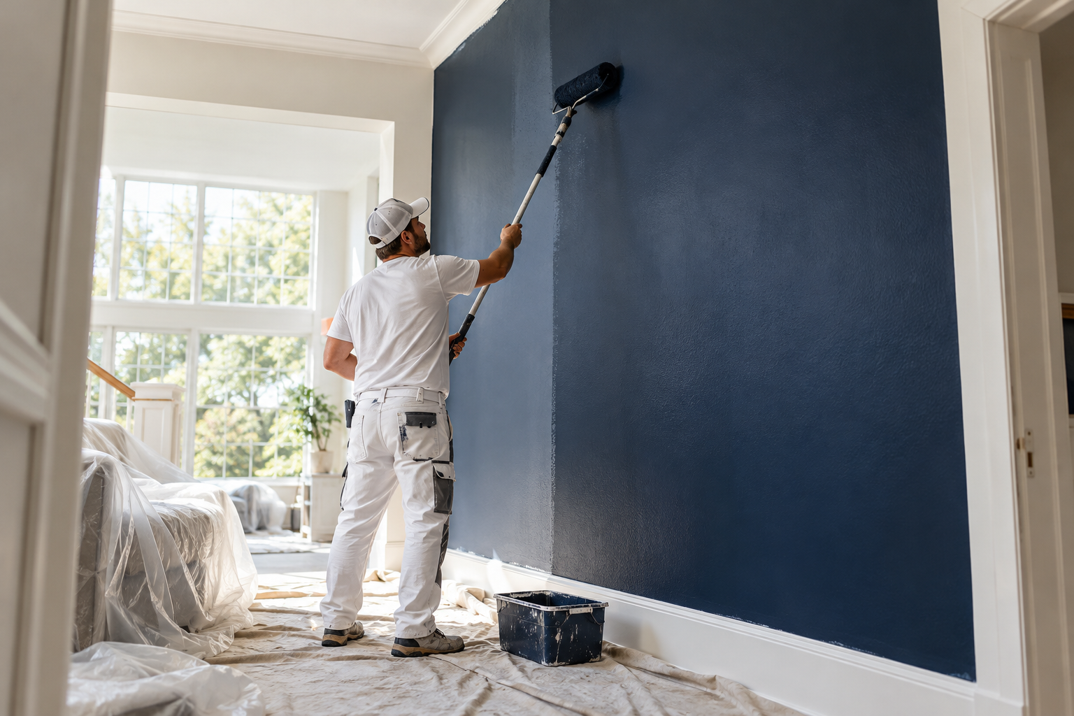 Illustrative painter applying navy paint with a roller