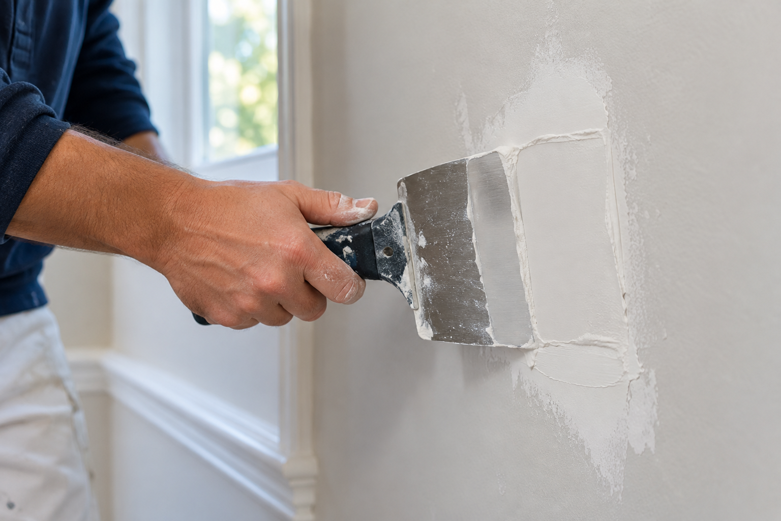 Illustrative tradesperson smoothing joint compound on a drywall repair