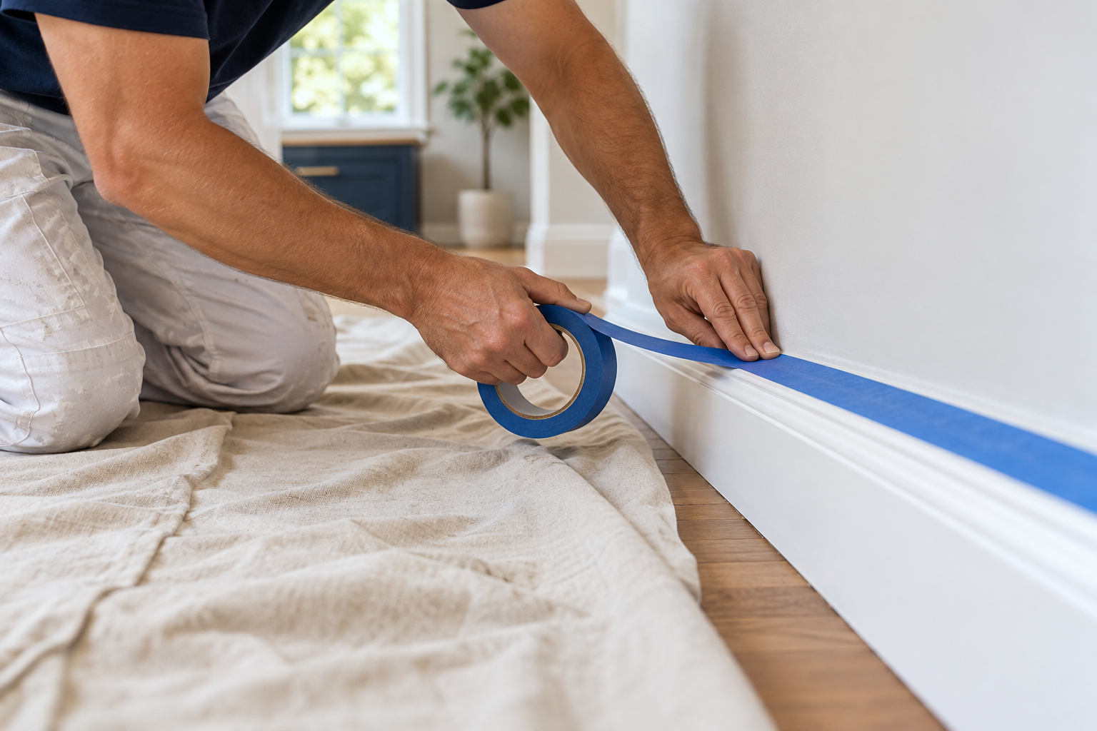 Illustrative painter masking a baseboard beside a protected floor